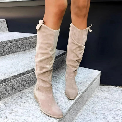Women's suede slouchy pointed-toe knee-high boots with side zipper