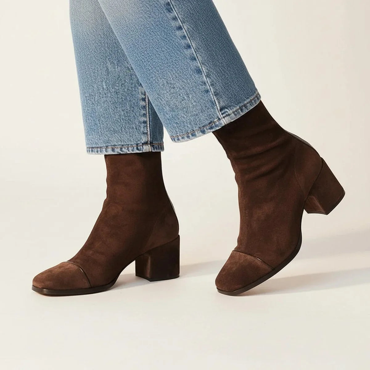 Women's suede square-toe block-heel ankle boots – Dark Brown