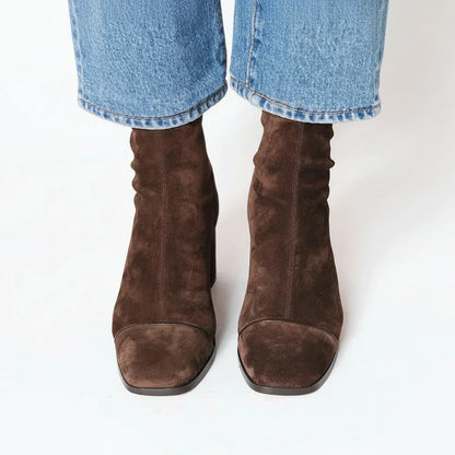 Women's suede square-toe block-heel ankle boots – Dark Brown