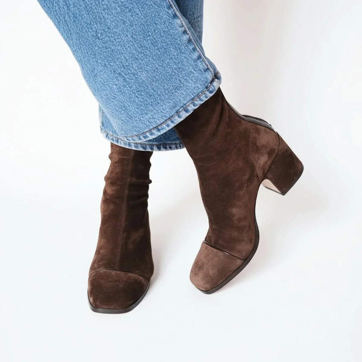 Women's suede square-toe block-heel ankle boots – Dark Brown