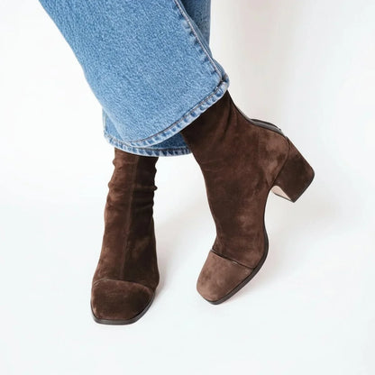 Women's suede square-toe block-heel ankle boots – Dark Brown