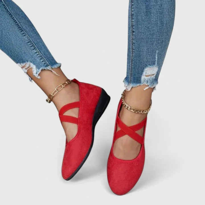 Women's suede wedge pointed-toe flats with cross-strap design – Red