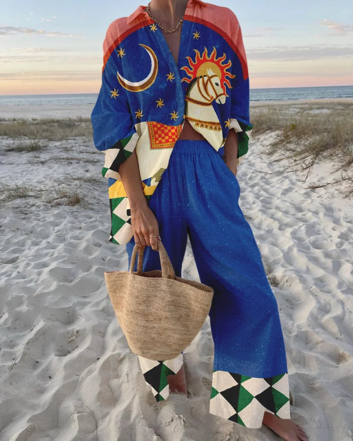 Women's summer printed matching set with long-sleeve collared shirt and wide-leg pants – Blue