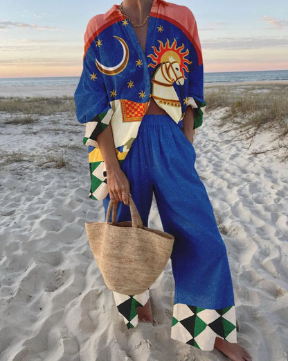Women's summer printed matching set with long-sleeve collared shirt and wide-leg pants – Blue