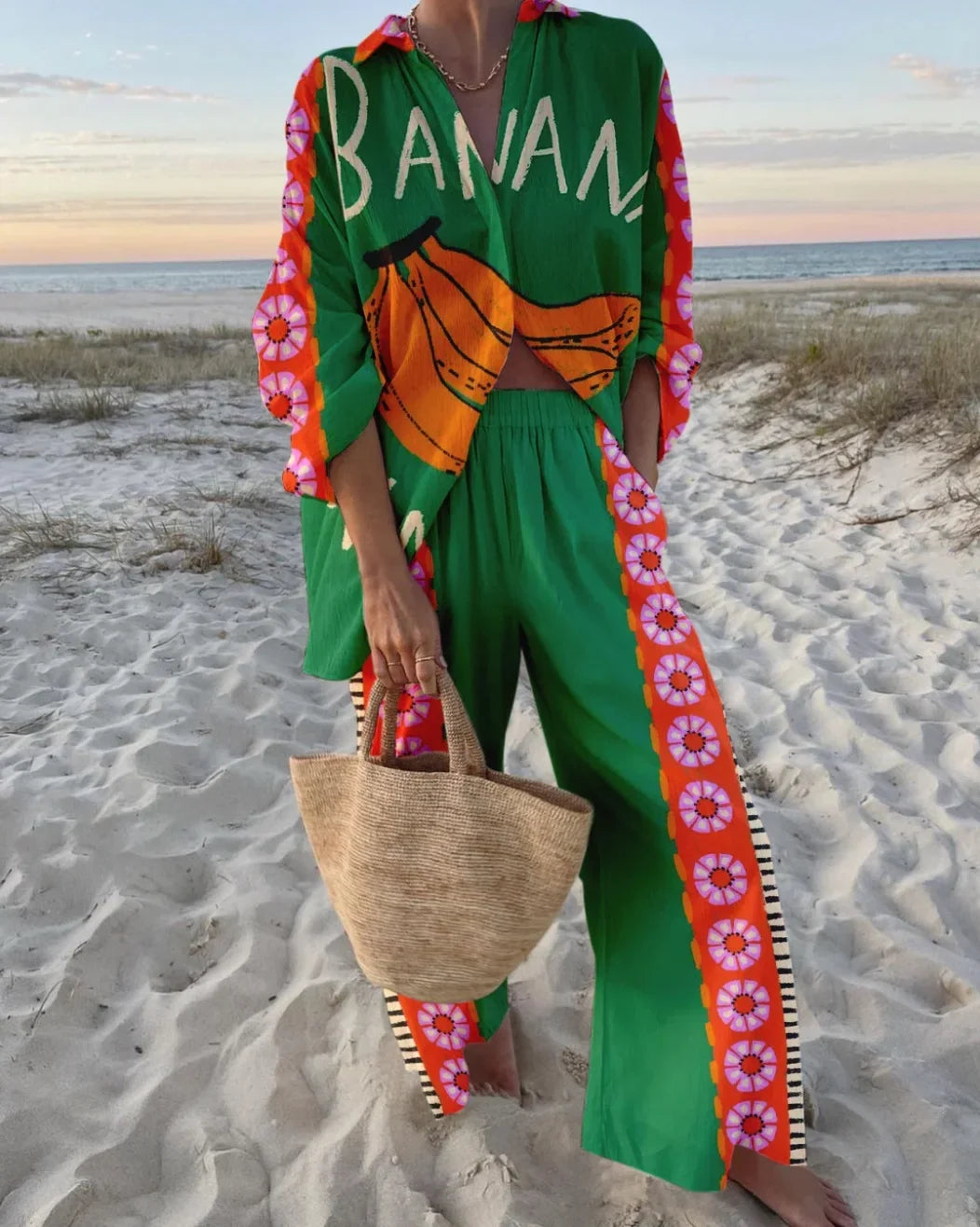 Women's summer printed matching set with long-sleeve collared shirt and wide-leg pants – Green
