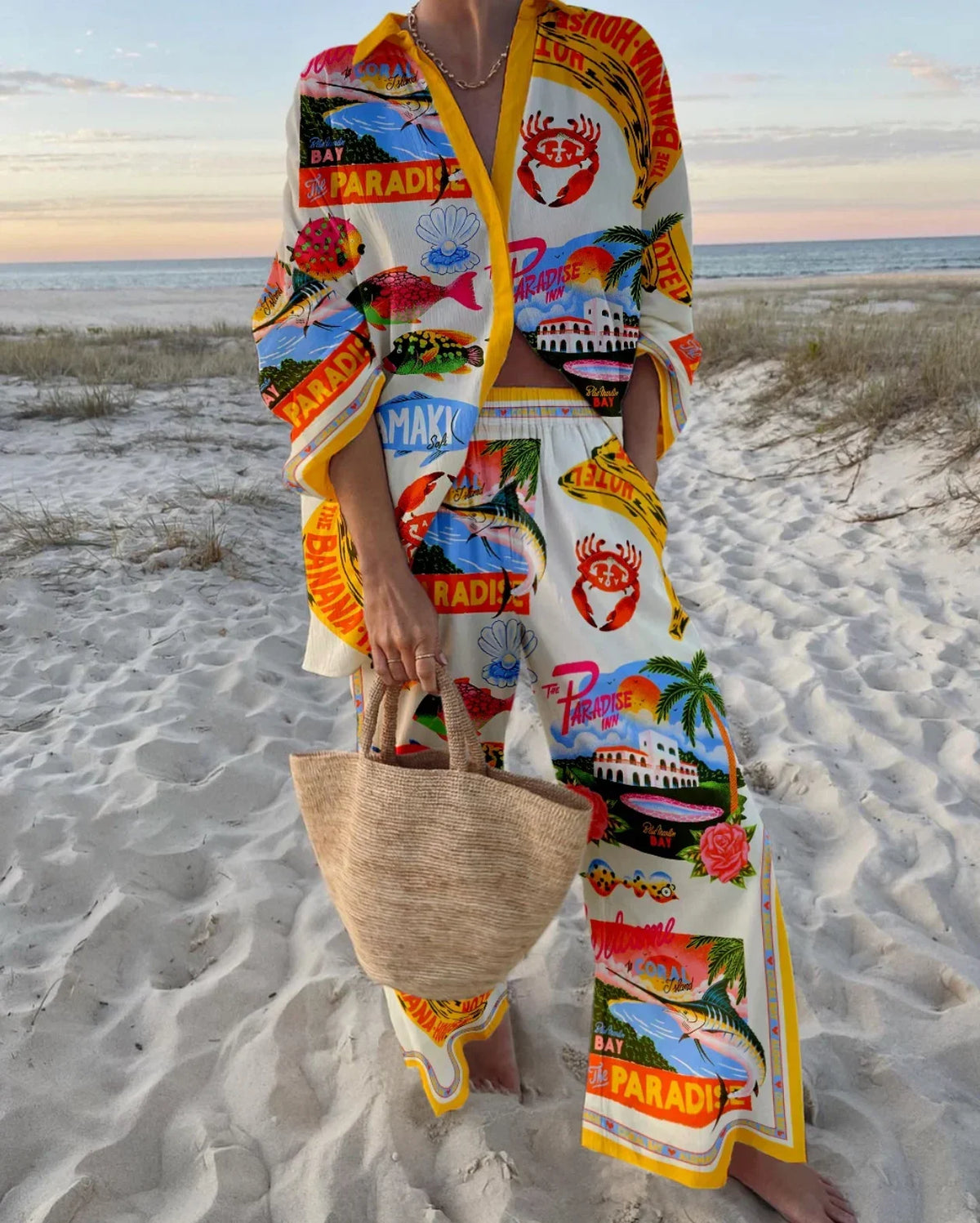 Women's summer printed matching set with long-sleeve collared shirt and wide-leg pants – Orange