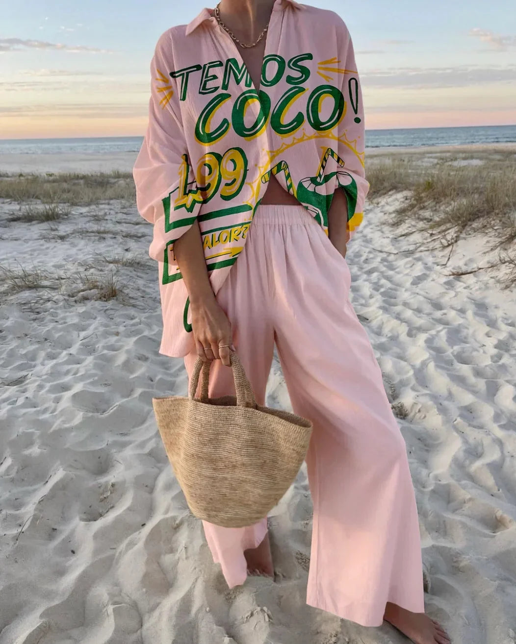 Women's summer printed matching set with long-sleeve collared shirt and wide-leg pants – Pink