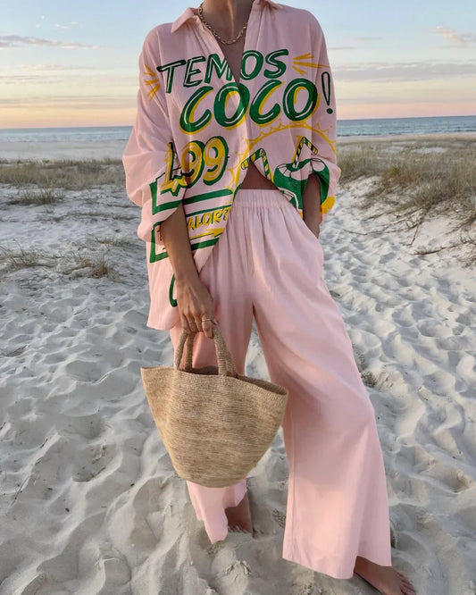 Women's summer printed matching set with long-sleeve collared shirt and wide-leg pants – Pink