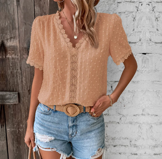 Women's swiss dot short-sleeve V-neck blouse with lace paneling – Beige