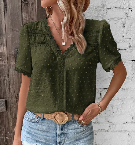 Women's swiss dot short-sleeve V-neck blouse with lace paneling – Green