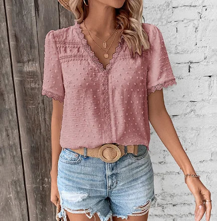 Women's swiss dot short-sleeve V-neck blouse with lace paneling – Pink