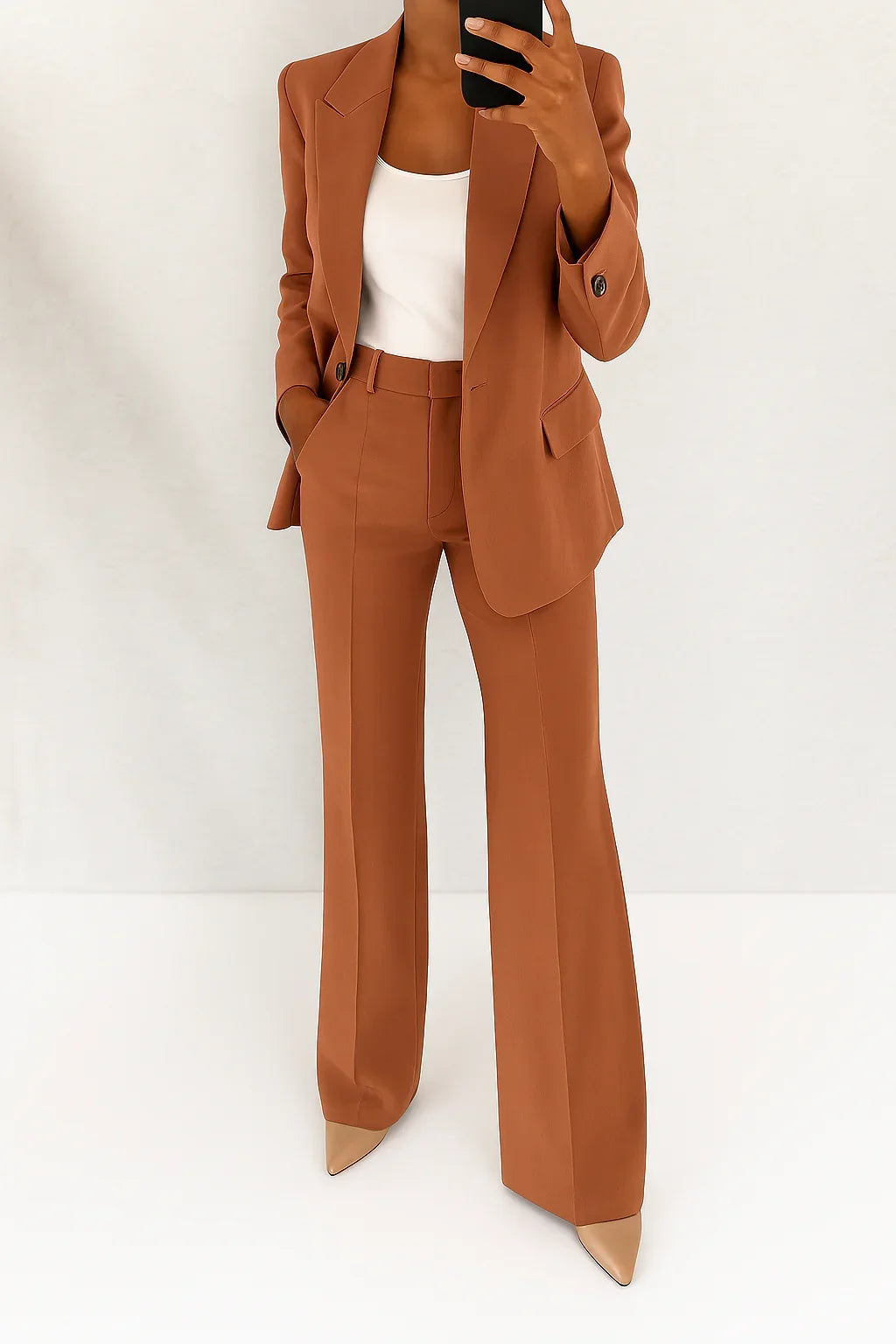 Women's tailored blazer and straight-leg trousers matching set – Brown