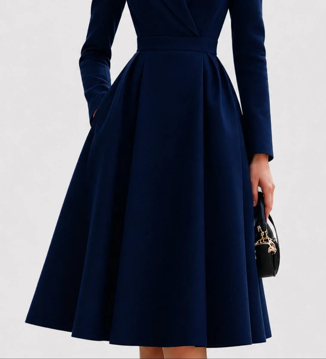 Women's tailored coat formal dresses structured midi fit-and-flare – Navy Blue