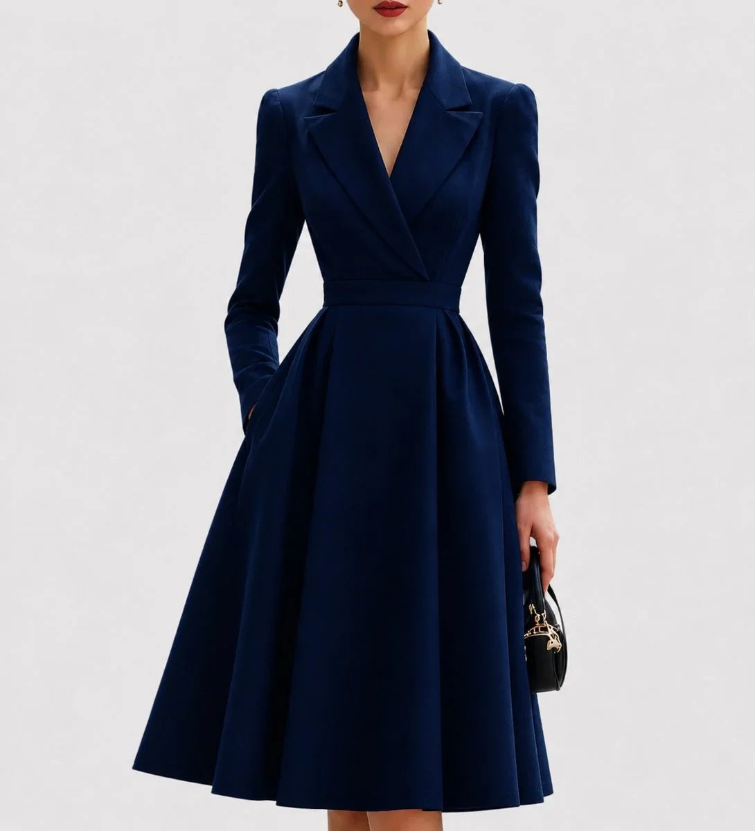 Women's tailored coat formal dresses structured midi fit-and-flare – Navy Blue