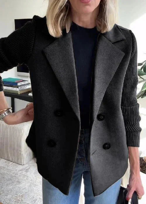 Women's tailored double-breasted peacoat with ribbed knit sleeves – Black