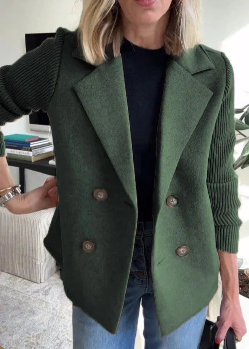 Women's tailored double-breasted peacoat with ribbed knit sleeves – Green