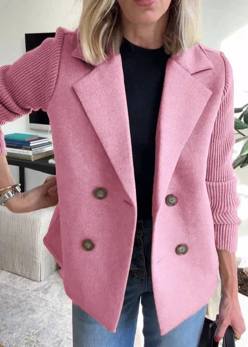 Women's tailored double-breasted peacoat with ribbed knit sleeves – Pink