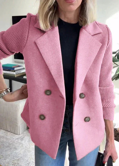 Women's tailored double-breasted peacoat with ribbed knit sleeves – Pink