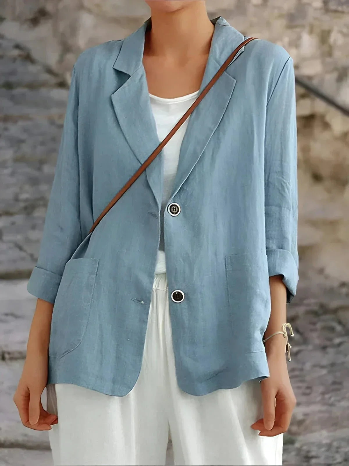Women's tailored linen blazer with 3/4-sleeve for a lighter blazer layer – Blue
