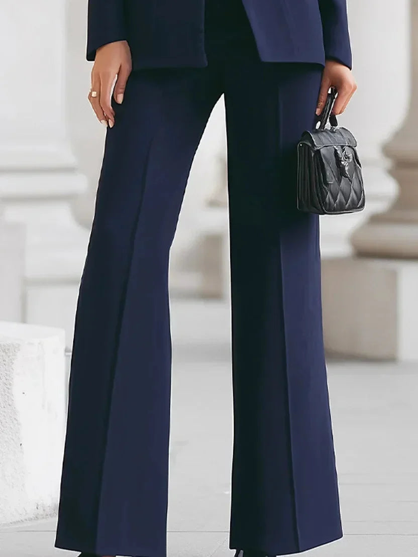 Women's tailored longline jacket with stand-up collar and flare trousers denim jacket