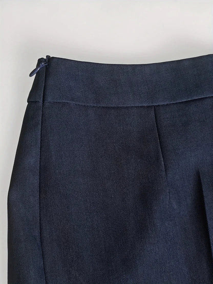 Women's tailored longline jacket with stand-up collar and flare trousers denim jacket