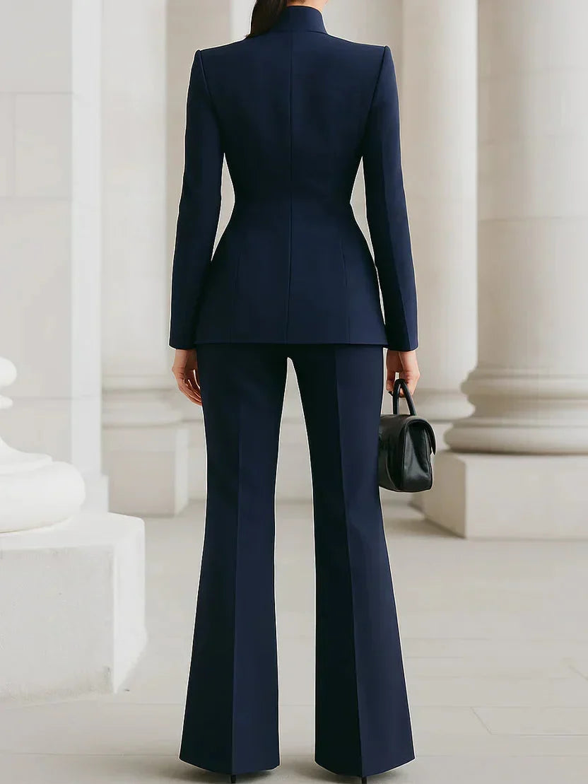 Women's tailored longline jacket with stand-up collar and flare trousers denim jacket