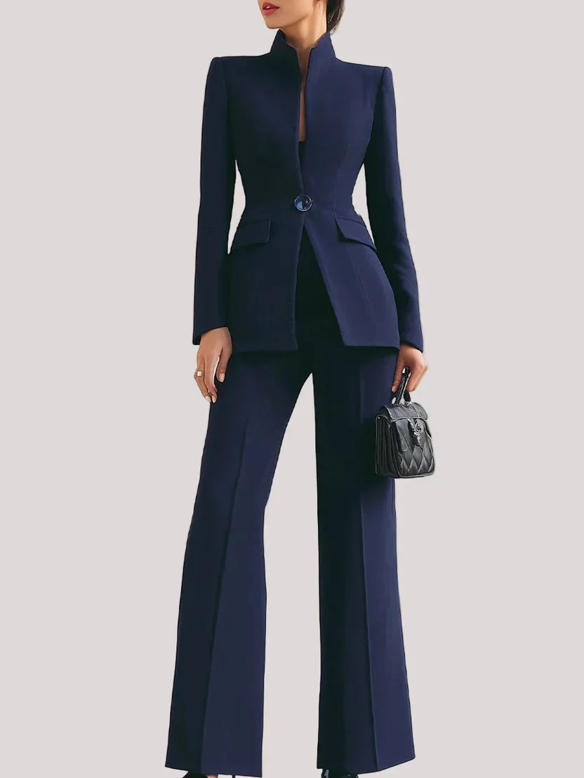 Women's tailored longline jacket with stand-up collar and flare trousers denim jacket – Blue