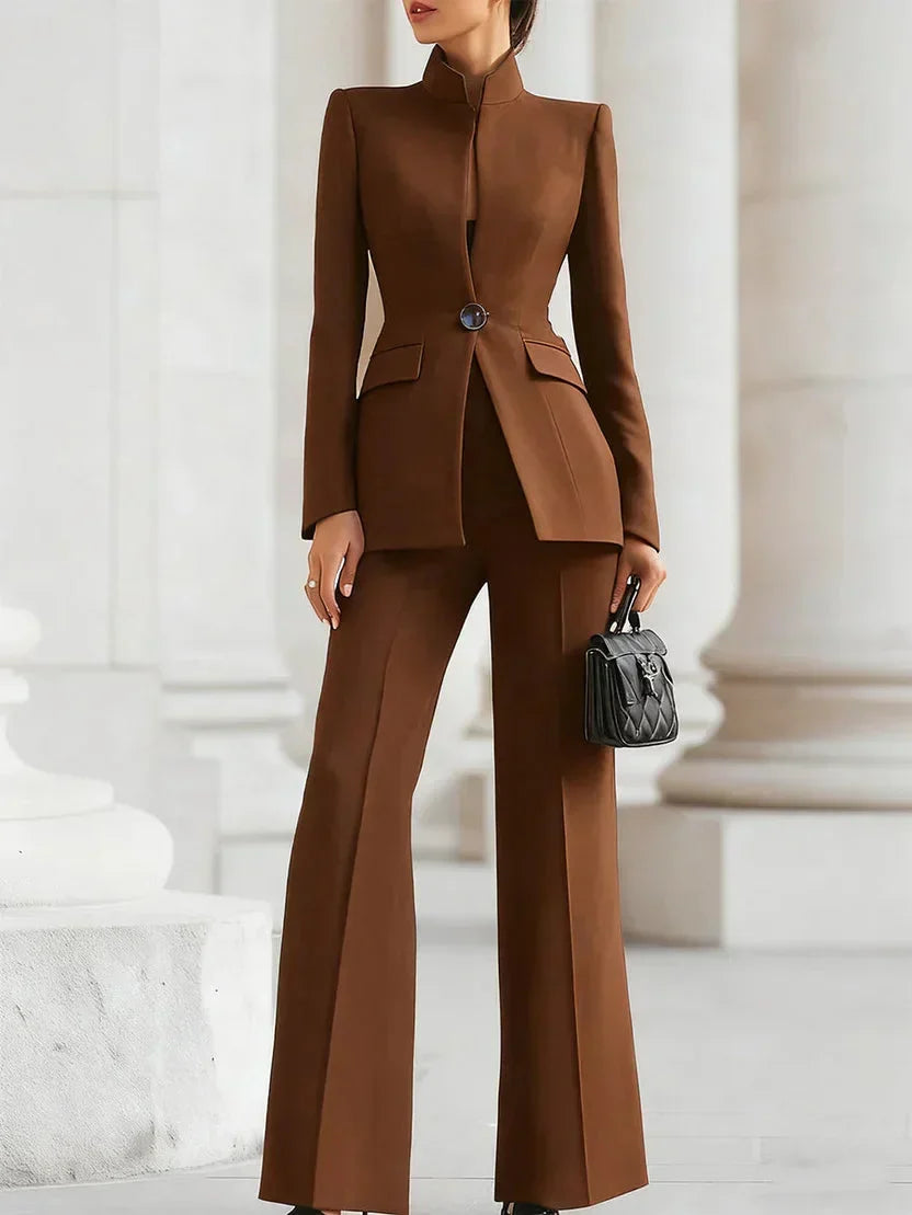Women's tailored longline jacket with stand-up collar and flare trousers denim jacket – Brown