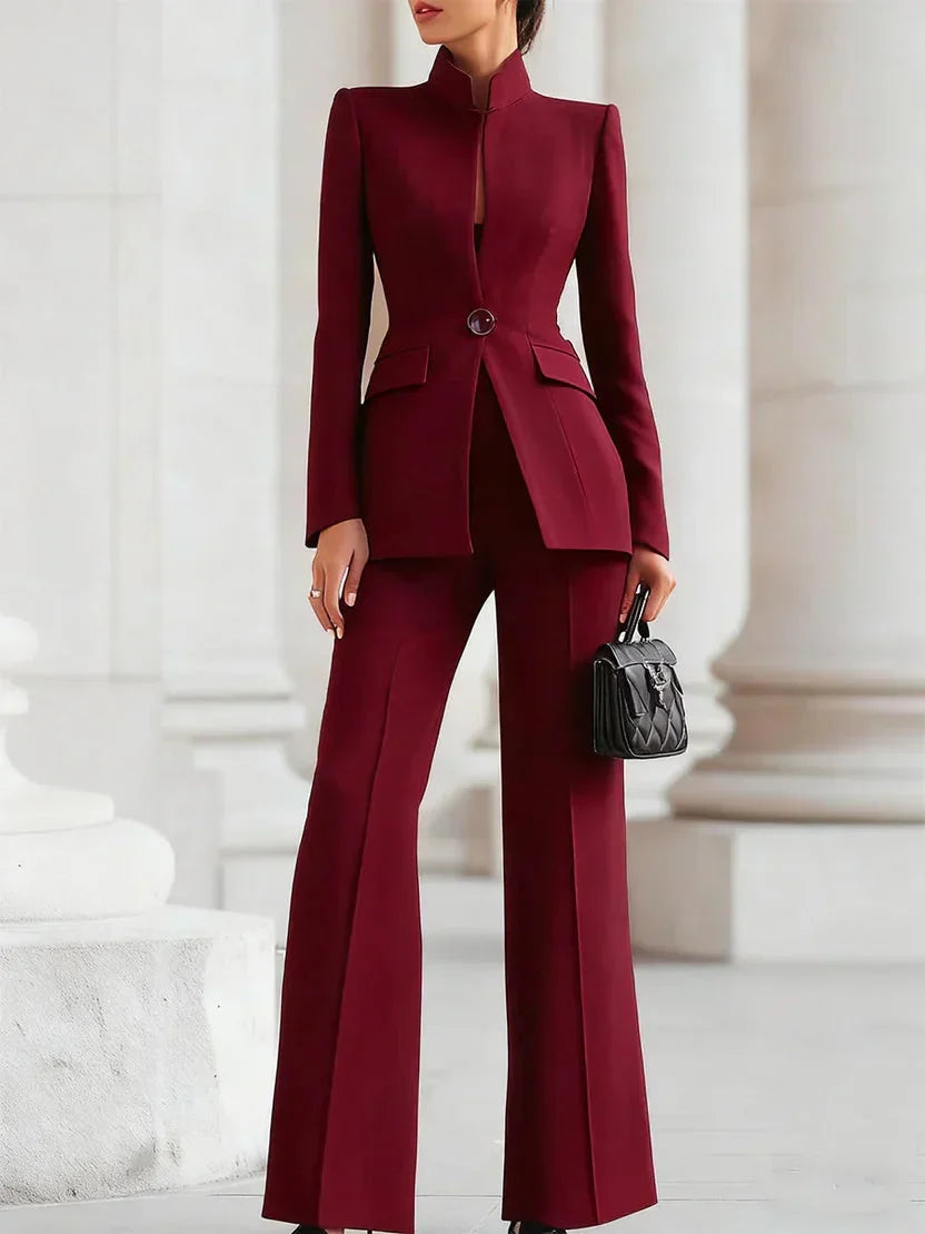 Women's tailored longline jacket with stand-up collar and flare trousers denim jacket – Red