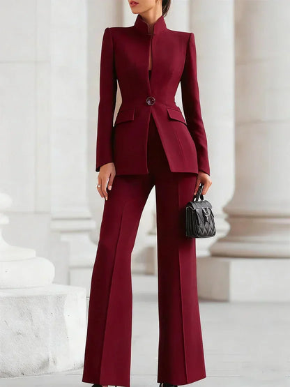 Women's tailored longline jacket with stand-up collar and flare trousers denim jacket – Red