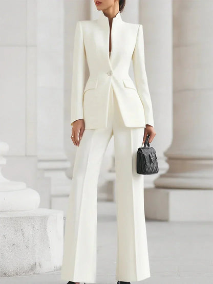 Women's tailored longline jacket with stand-up collar and flare trousers denim jacket – White