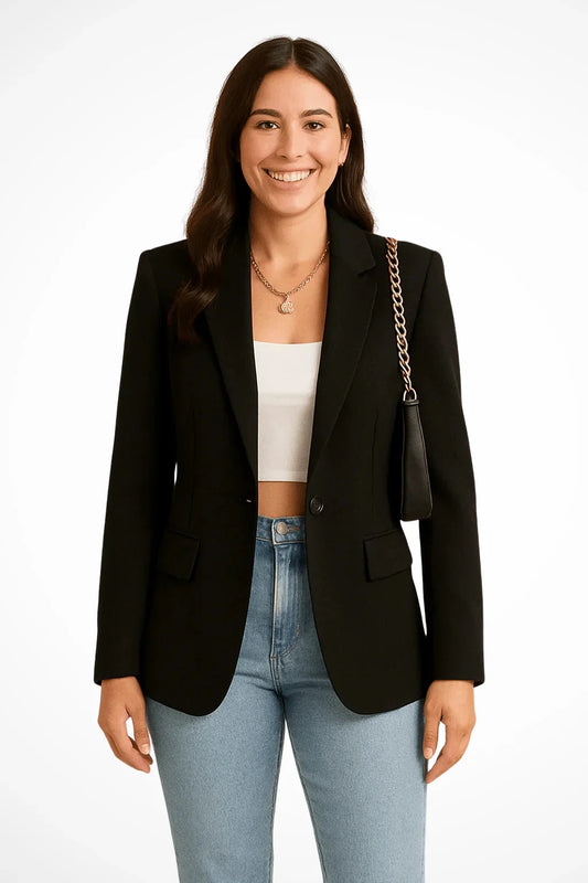 Women's tailored single-button blazer, a classic addition to any blazer wardrobe – Black