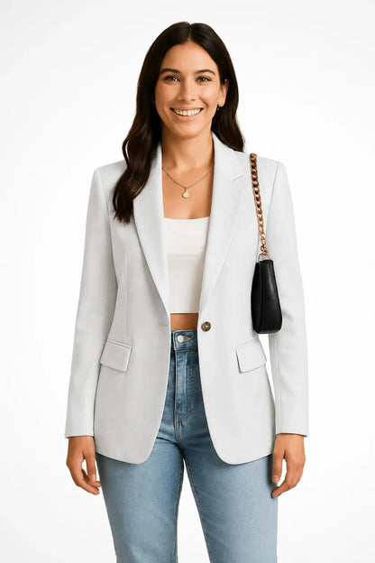 Women's tailored single-button blazer, a classic addition to any blazer wardrobe – White
