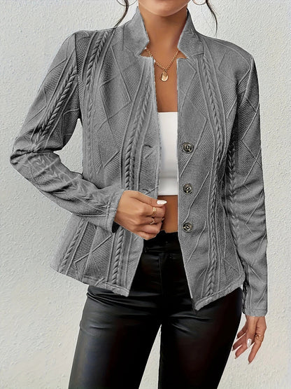 Women's tailored textured cardigan with stand collar – Grey