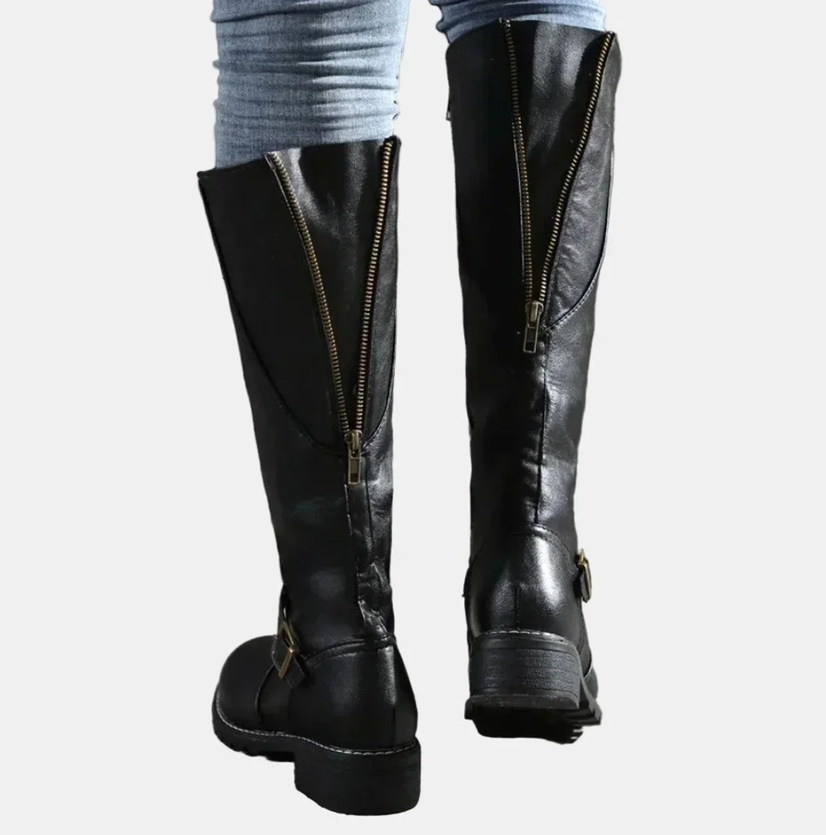 Women's tall riding knee high boots buckle strap low heel