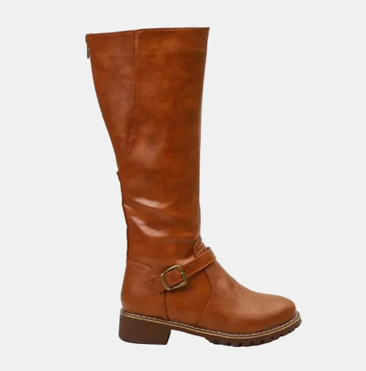 Women's tall riding knee high boots buckle strap low heel