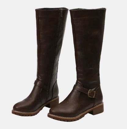 Women's tall riding knee high boots buckle strap low heel