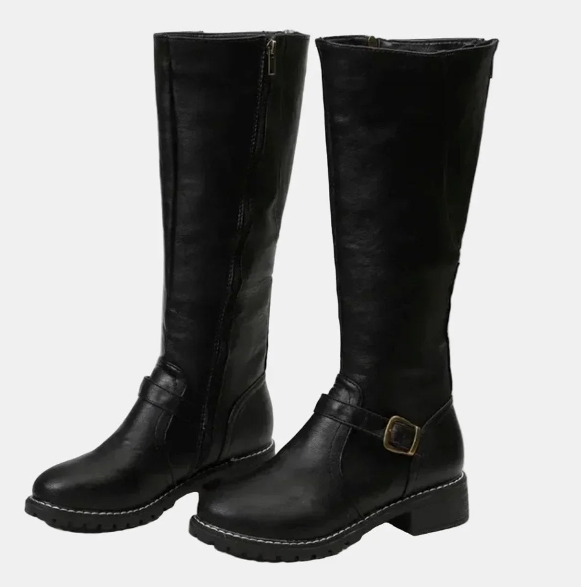 Women's tall riding knee high boots buckle strap low heel – Black