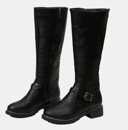 Women's tall riding knee high boots buckle strap low heel – Black