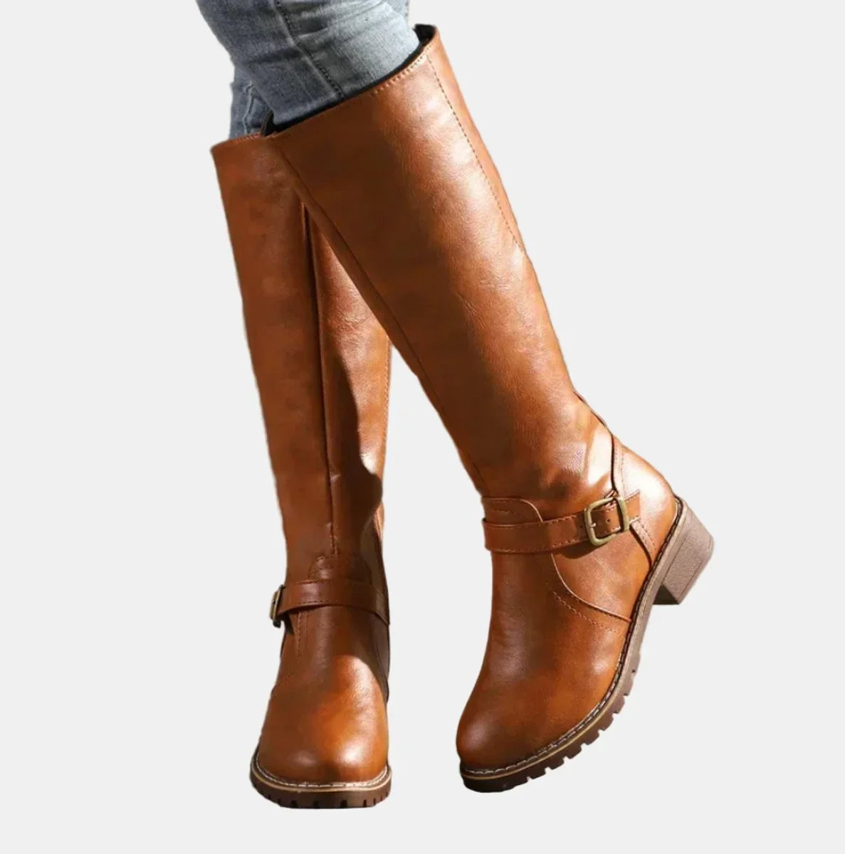 Women's tall riding knee high boots buckle strap low heel – Brown