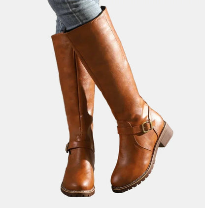 Women's tall riding knee high boots buckle strap low heel – Brown