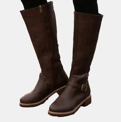 Women's tall riding knee high boots buckle strap low heel