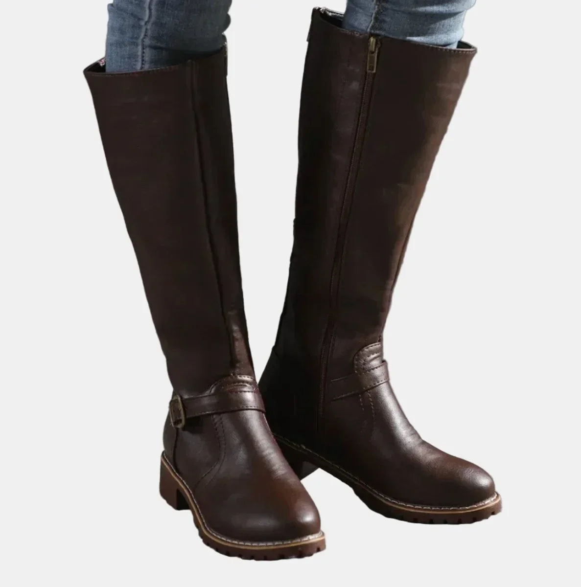 Women's tall riding knee high boots buckle strap low heel – Dark Brown