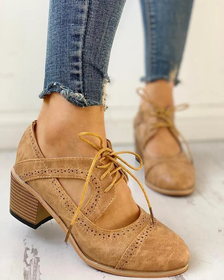 Women's brogue oxford shoes with lace-up cut-out sides and block heel