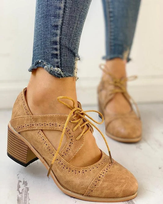 Women's brogue oxford shoes with lace-up cut-out sides and block heel