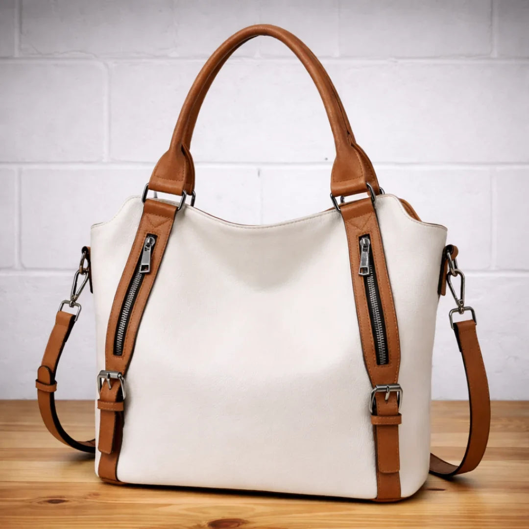 Women's faux-leather slouchy crossbody shoulder bag with dual zipper pockets – Beige