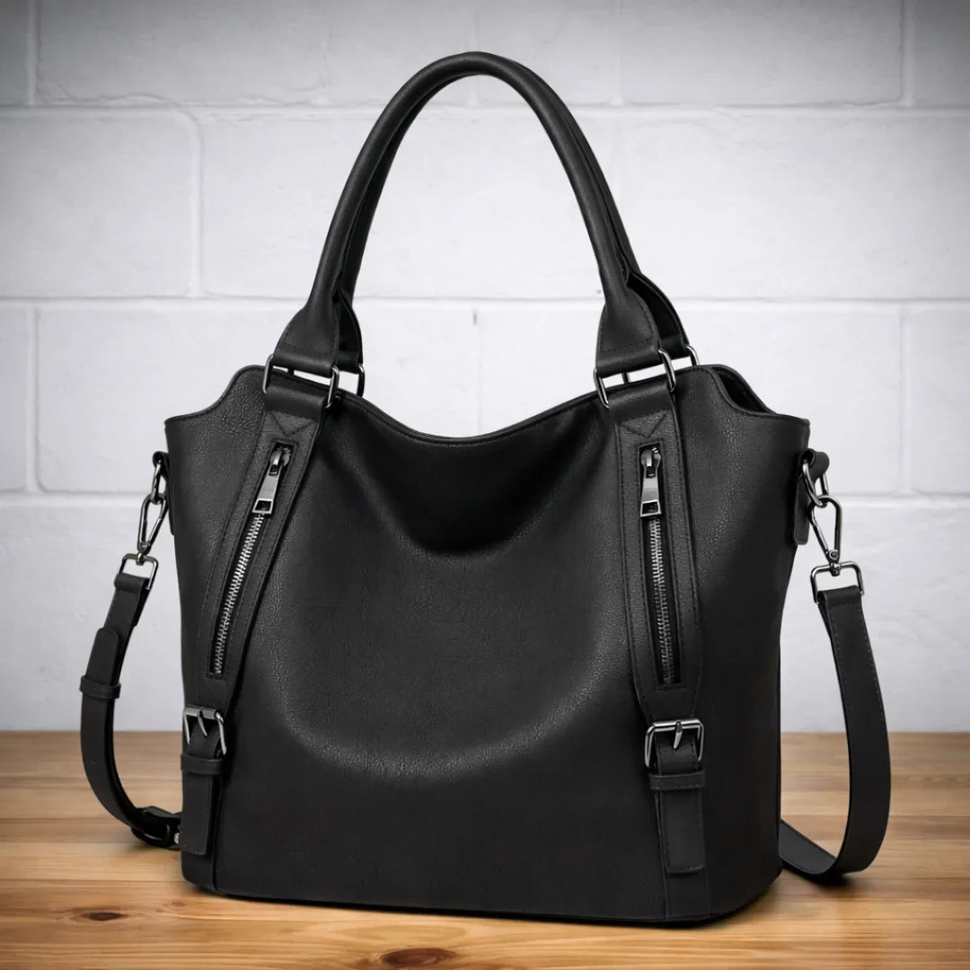 Women's faux-leather slouchy crossbody shoulder bag with dual zipper pockets – Black