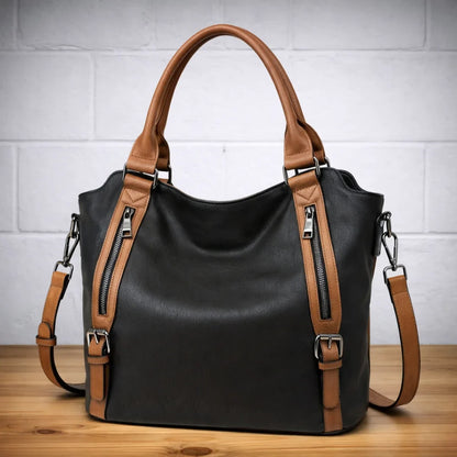Women's faux-leather slouchy crossbody shoulder bag with dual zipper pockets – Black with Brown