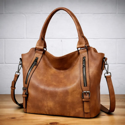 Women's faux-leather slouchy crossbody shoulder bag with dual zipper pockets – Brown