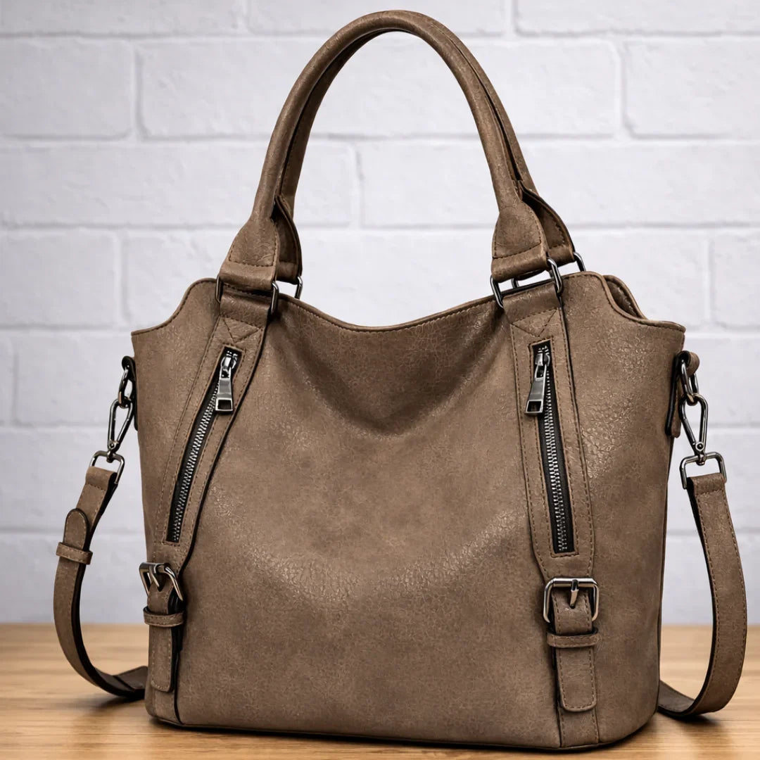 Women's faux-leather slouchy crossbody shoulder bag with dual zipper pockets – Coffee